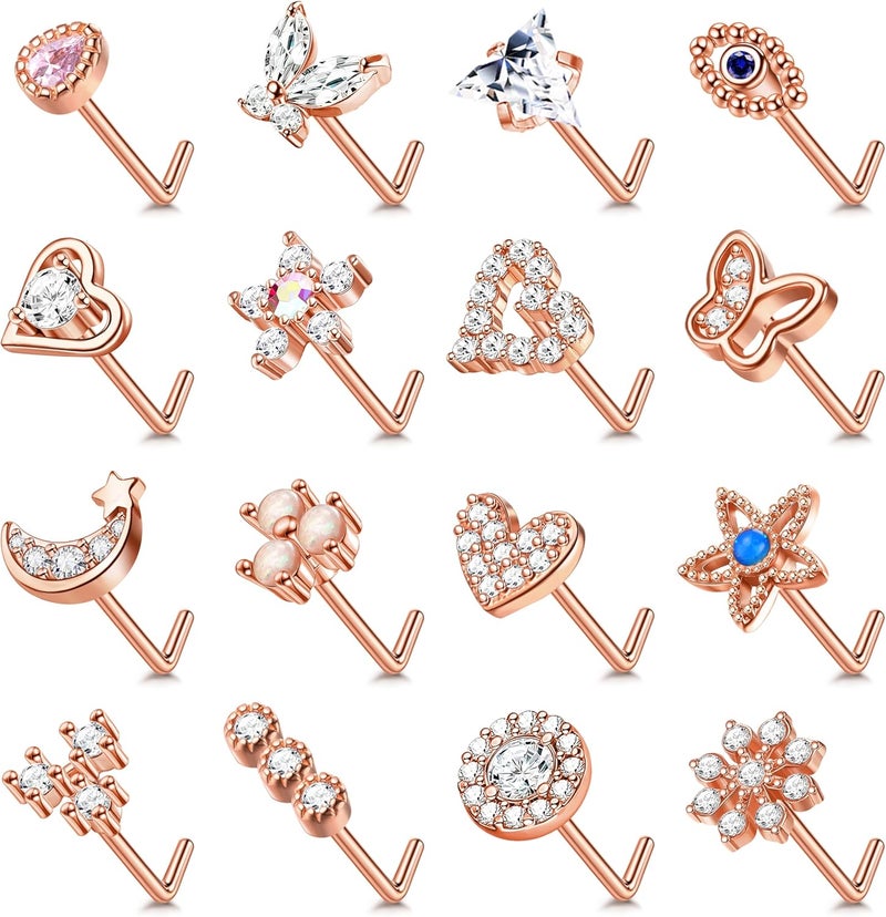 Yadoca Gold Nose Rings Studs for Women - 20G Surgical Steel Nose Ring L Shaped Nose Piercing Jewelry Hypoallergenic CZ Heart Nose Studs Silver Rose Gold 16Pcs - Image 1